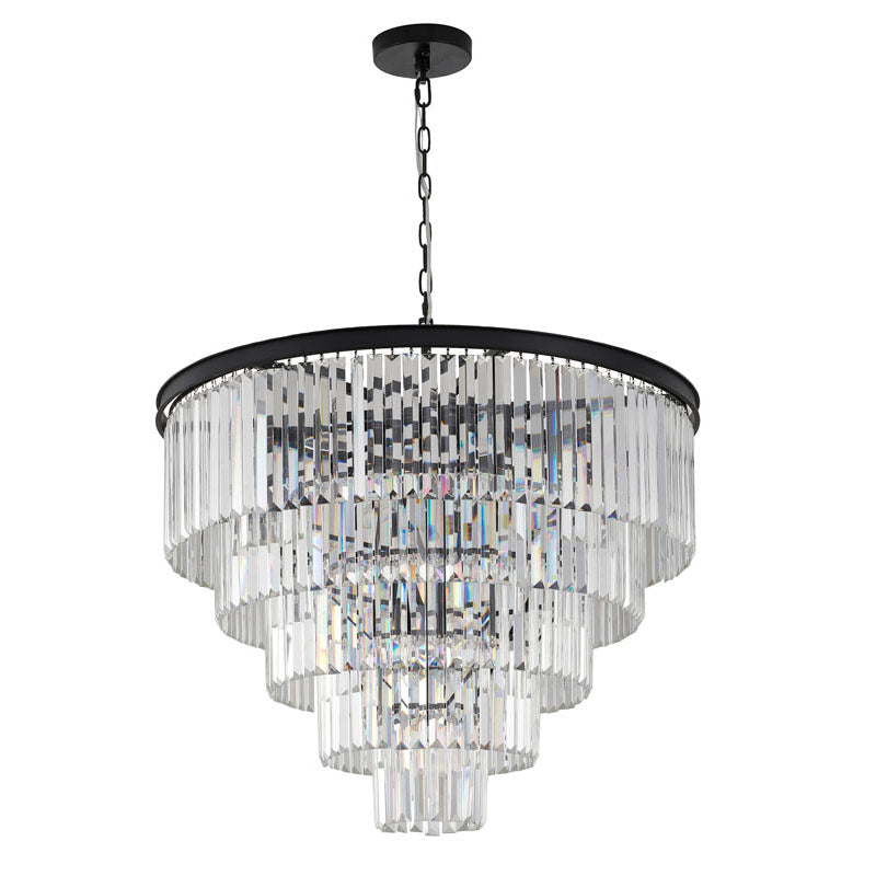 Five Tier Black Chandelier With Clear Hanging Crystals