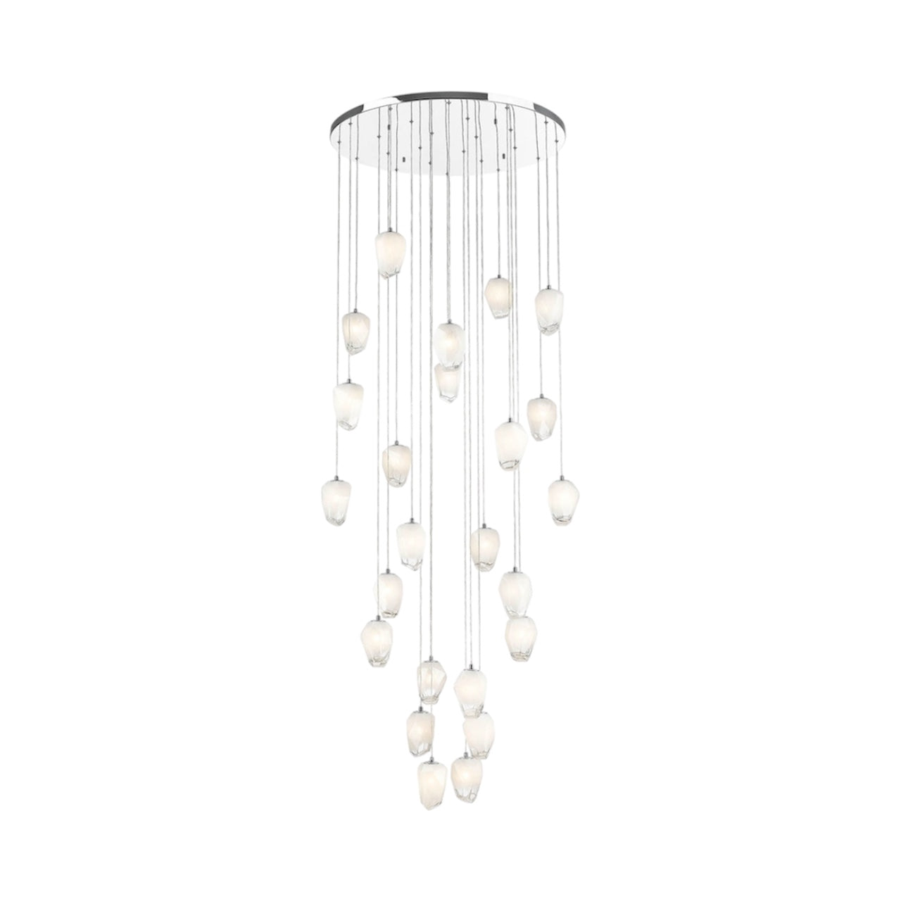 Round Chrome Flushed Chandelier with Hanging White Glass Pendants