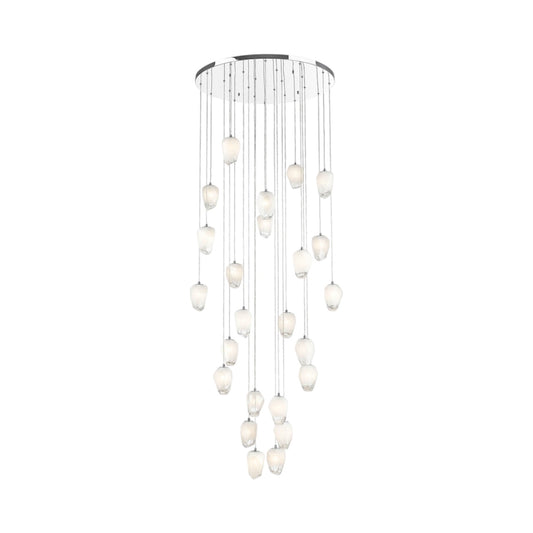 Round Chrome Flushed Chandelier with Hanging White Glass Pendants