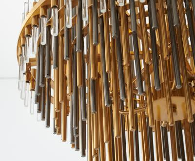 Brass Stainless Steel Chandelier with Black Iron and Clear Glass Tubes