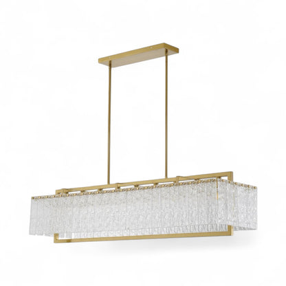 Rectangular Brass Frame Chandelier with Hanging Clear Rippled Glass