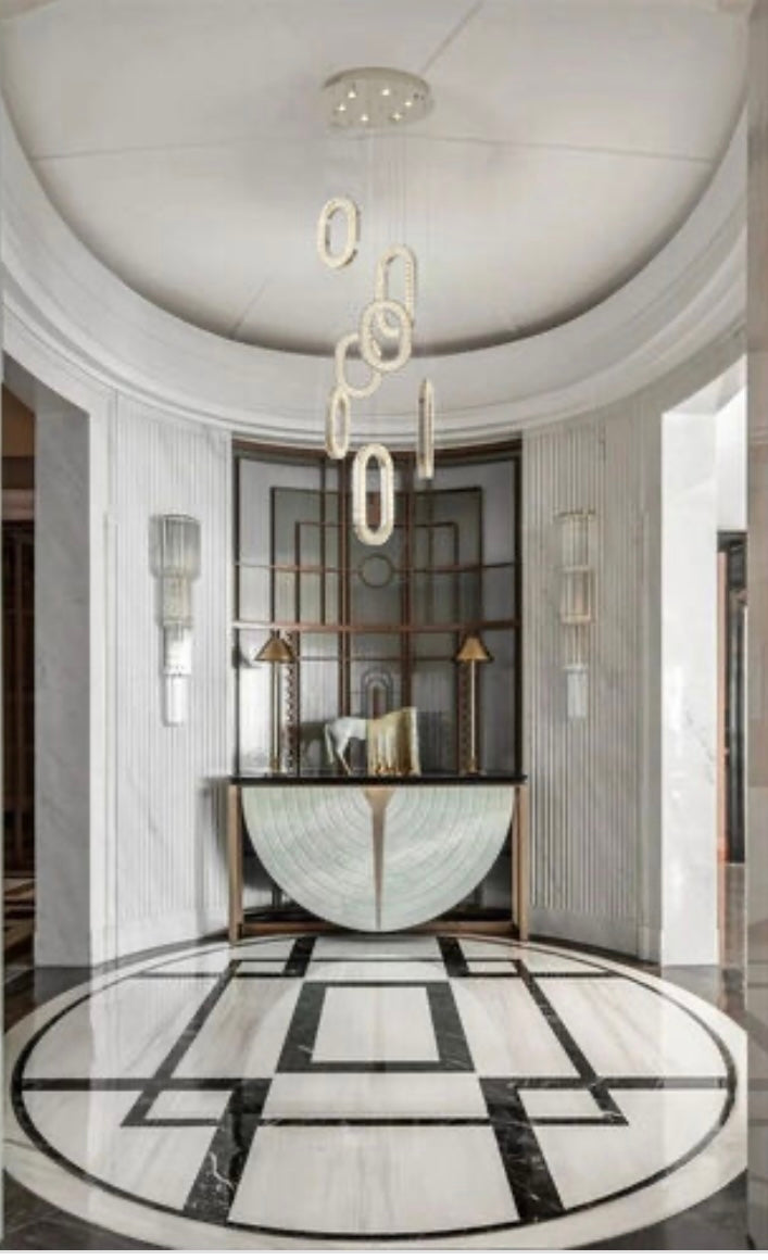 Chrome Flushed Frame LED Chandelier With Oval Clear Crystal Hanging Pendants