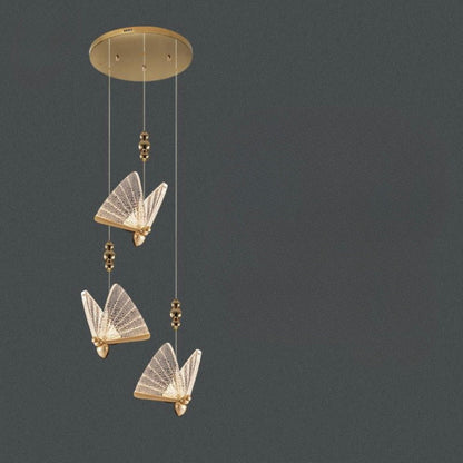 Elegant Satin Brass LED Chandelier with Butterfly Pendants