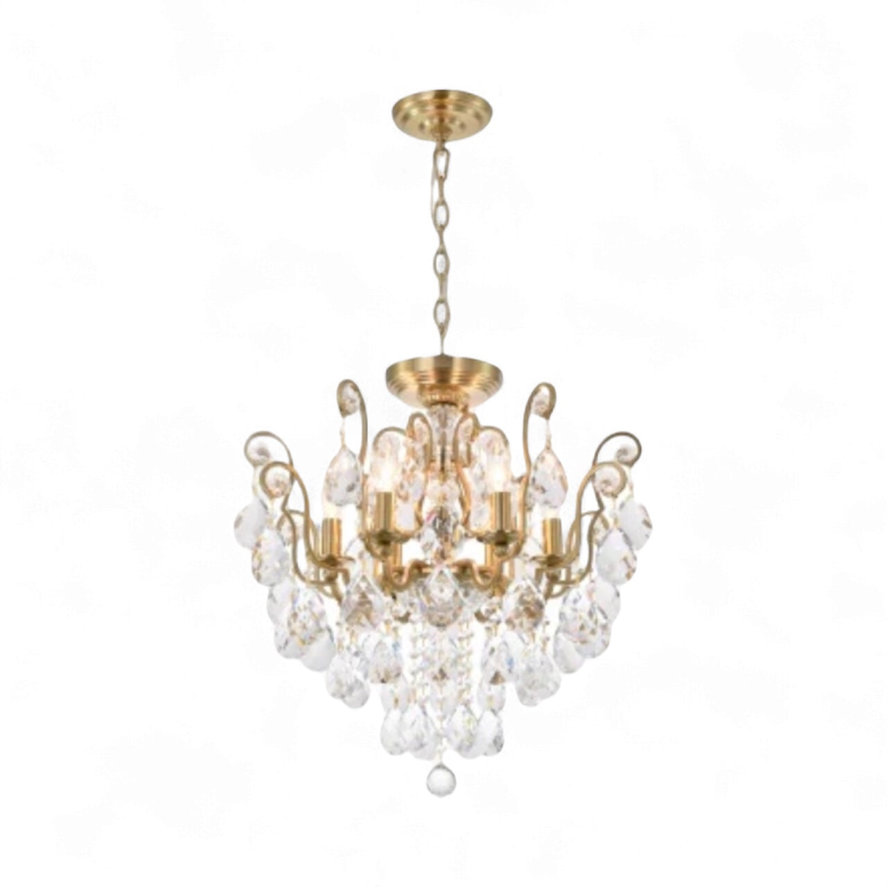 Antique Brass Chandelier with Clear Hanging Crystals and Glass Accents