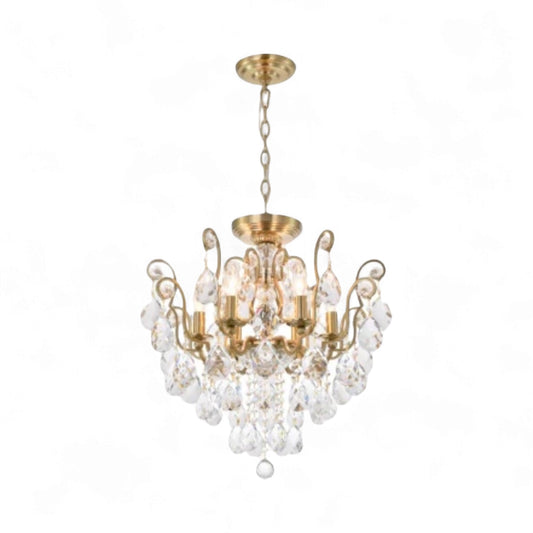 Antique Brass Chandelier with Clear Hanging Crystals and Glass Accents