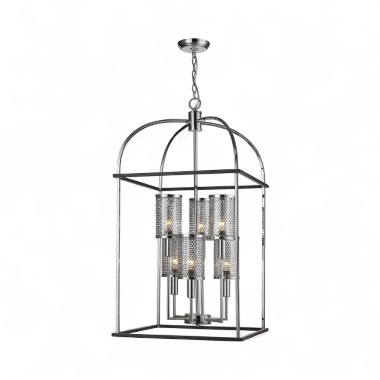 Black and Chrome Cage Light Fixture with Metal Dot Shade