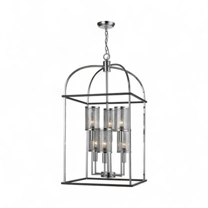 Black and Chrome Cage Light Fixture with Metal Dot Shade