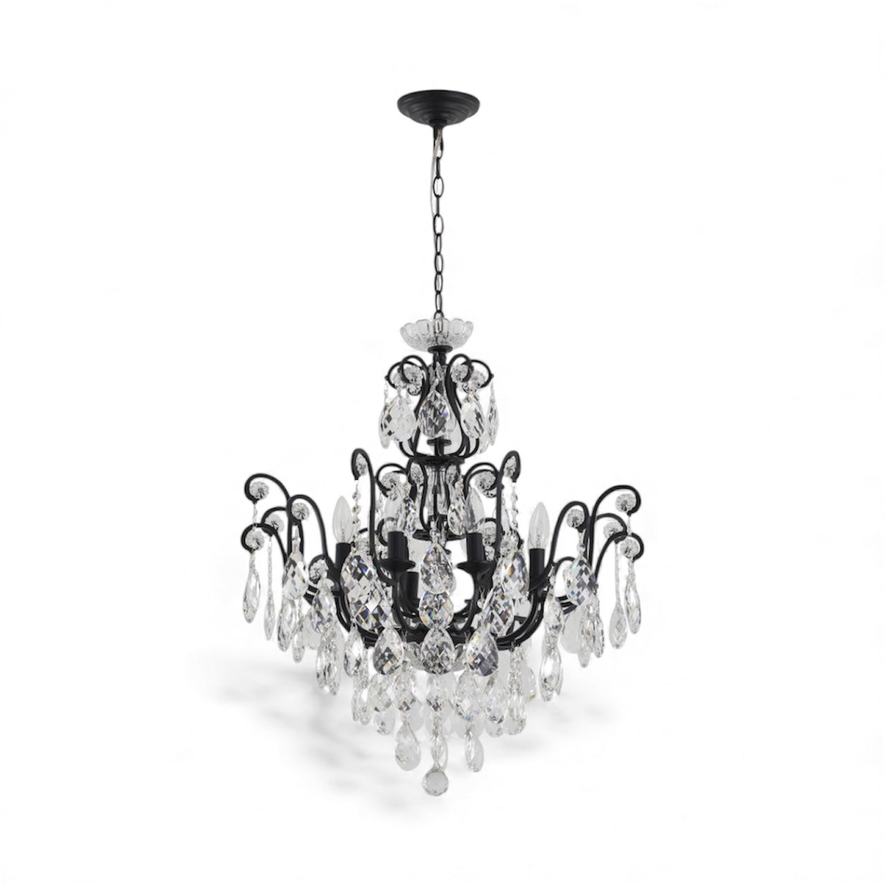 Matte Black Chandelier with Clear Hanging Crystals & Glass Accents