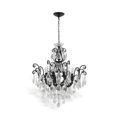 Matte Black Chandelier with Clear Hanging Crystals & Glass Accents