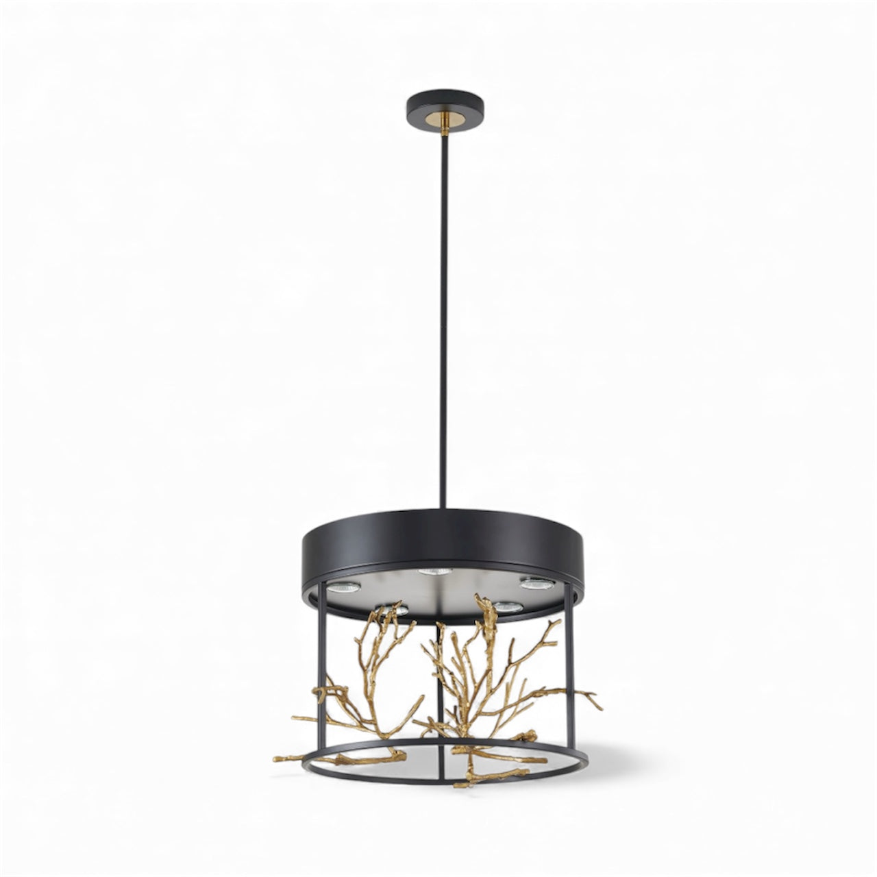Matte Black Pendant Light with Gold Branch Accent