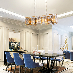 Brass Rectangular Chandelier With Clear Distorted Crystal Plaques