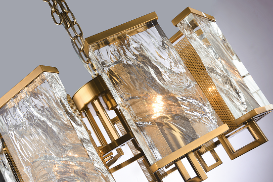 Brass Frame Chandelier WITH Clear Distorted Crystal Plaques