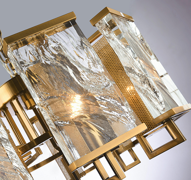 Brass Frame Chandelier WITH Clear Distorted Crystal Plaques