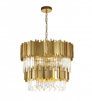 Two Tier Gold Chandelier WITH Clear Hanging Crystals
