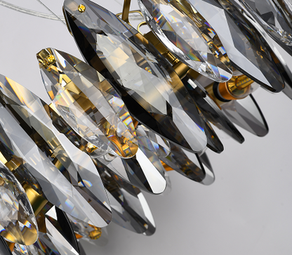 Round Brass Chandelier With Clear & Smoke Crystals