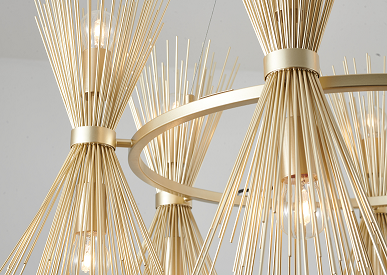 Round Gold Iron Frame Chandelier with Spiked Cone Shades