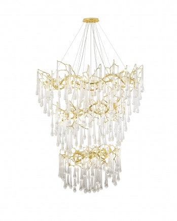 3 Tier Gold Solid Brass Frame Chandelier with Clear Glass Hanging Drops