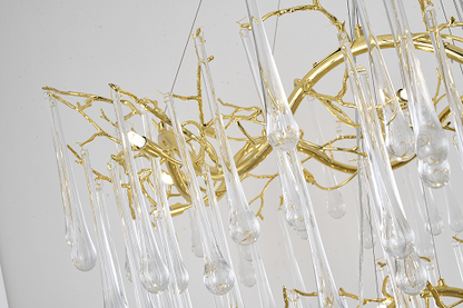 3 Tier Gold Solid Brass Frame Chandelier with Clear Glass Hanging Drops
