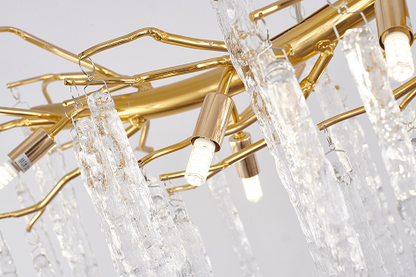 Gold Aluminium Branch Chandelier With Clear Glass Hanging Drops