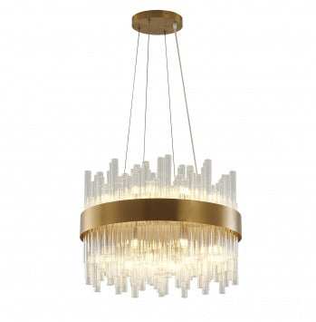 Round Matte Brass Chandelier with Clear Glass Rods