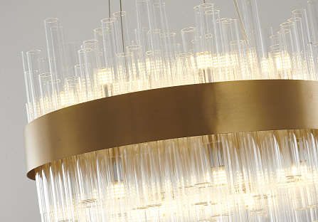 Round Matte Brass Chandelier with Clear Glass Rods