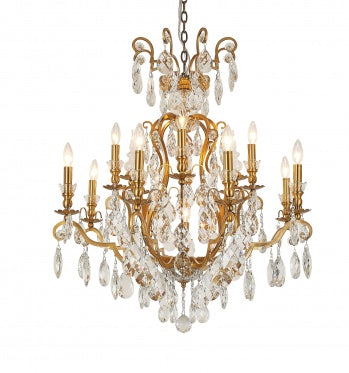 Antique Brass Chandelier with Clear Hanging Crystals