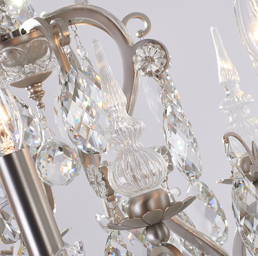 Pewter Iron Frame Chandelier with Clear Hanging Crystals