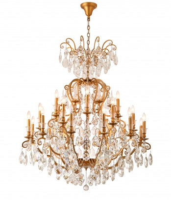 3 Tier Brass Chandelier with Clear Hanging Crystals
