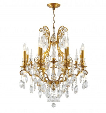 Antique Brass Chandelier with Clear Hanging Crystals and Glass Accents