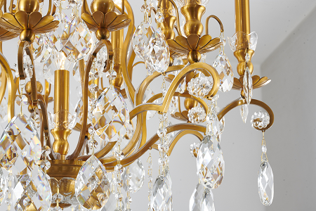 Antique Brass Chandelier with Clear Hanging Crystals and Glass Accents