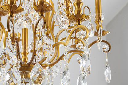 Antique Brass Chandelier with Clear Hanging Crystals and Glass Accents