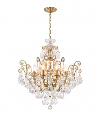 Antique Brass Chandelier with Clear Hanging Crystals & Glass Accents