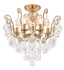 Antique Brass Chandelier with Clear Hanging Crystals and Glass Accents