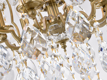 Antique Brass Chandelier with Clear Hanging Crystals and Glass Accents