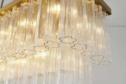 Satin Brass Rectangular Chandelier with Clear Ribbed Glass