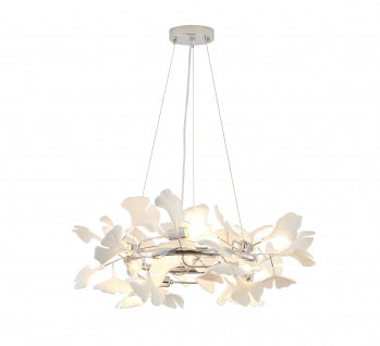 Round Chrome/Brass Frame Chandelier with White Acrylic Leaf Accents