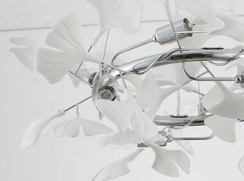 Round Chrome/Brass Frame Chandelier with White Acrylic Leaf Accents