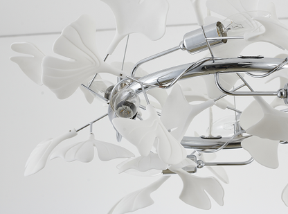 Round Chrome/Brass Frame Chandelier with White Acrylic Leaf Accents