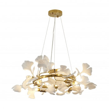 Round Chrome/Brass Frame Chandelier with White Acrylic Leaf Accents