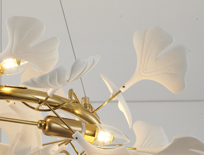 Round Chrome/Brass Frame Chandelier with White Acrylic Leaf Accents