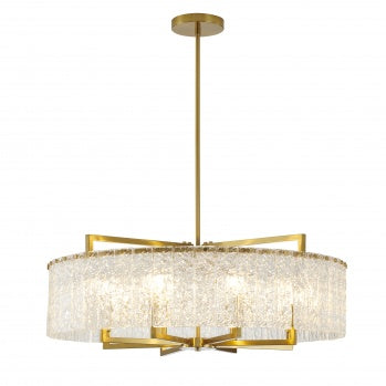 Round Brass Frame Chandelier with Clear Hanging Rippled Glass