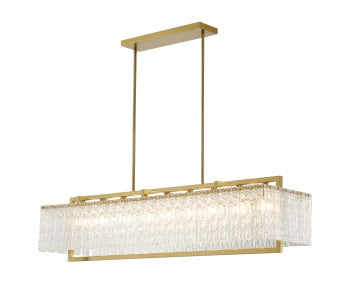 Rectangular Brass Frame Chandelier with Hanging Clear Rippled Glass
