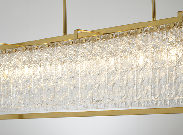Rectangular Brass Frame Chandelier with Hanging Clear Rippled Glass