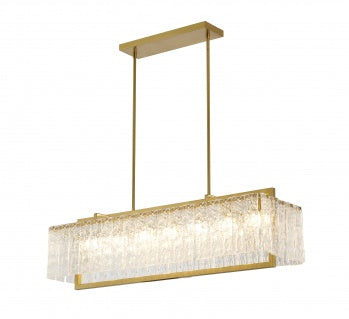 Rectangular Brass Frame Chandelier with Hanging Clear Rippled Glass