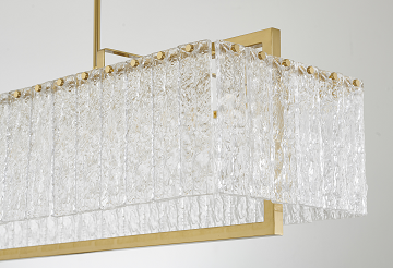 Rectangular Brass Frame Chandelier with Hanging Clear Rippled Glass