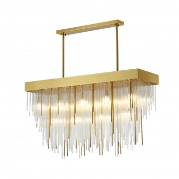 Satin Brass/Chrome Rectangular Chandelier with Clear Hanging Looped Glass
