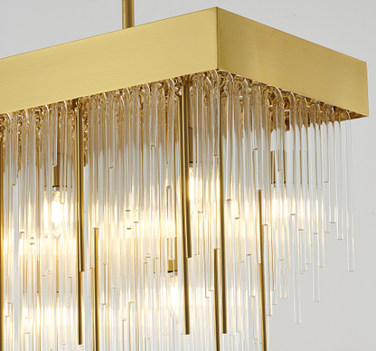 Satin Brass/Chrome Rectangular Chandelier with Clear Hanging Looped Glass