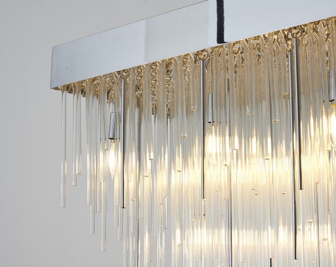 Satin Brass/Chrome Rectangular Chandelier with Clear Hanging Looped Glass