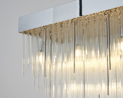 Satin Brass/Chrome Rectangular Chandelier with Clear Hanging Looped Glass