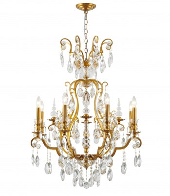 Antique Brass Frame Chandelier with Clear Hanging Crystals
